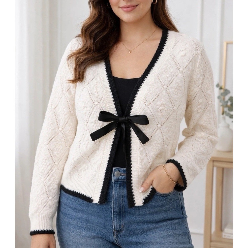 MINE Bow Tie Cardigan Sweater Women's Large Cream Black Trim Coquette Balletcore